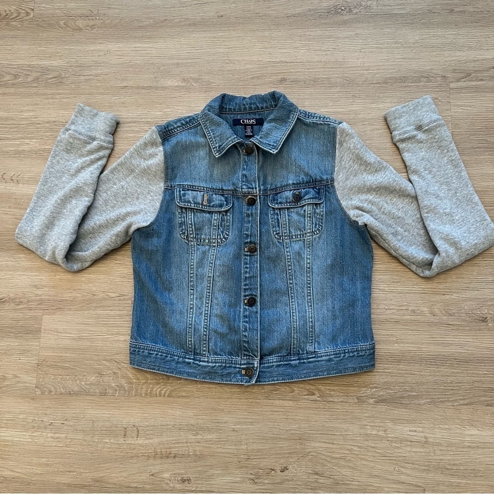Chaps Mixed Media Denim Sweatshirt Jean Jacket Button Front Blue Gray Size M